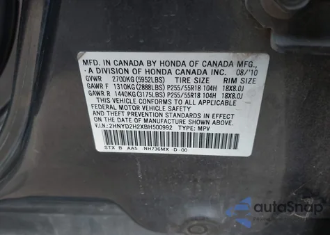 2011 Acura Mdx z USA, uszkodzony, nr VIN 2HNYD2H2XBH500992